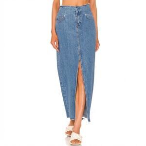 FRAME Blue Sea Level Cut Off Waist Denim Front Slit A-line Midi Maxi Skirt